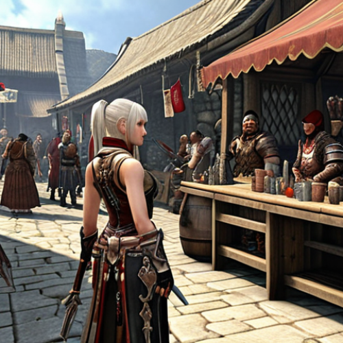 Home 19 **A bustling Lineage II marketplace, packed with diverse players trading with elaborately dressed NPCs. Stalls overflowing with weapons, armor, and potions. Focus on the intricate details of the NPC's clothing and expressions, hinting at hidden knowledge and quests.**