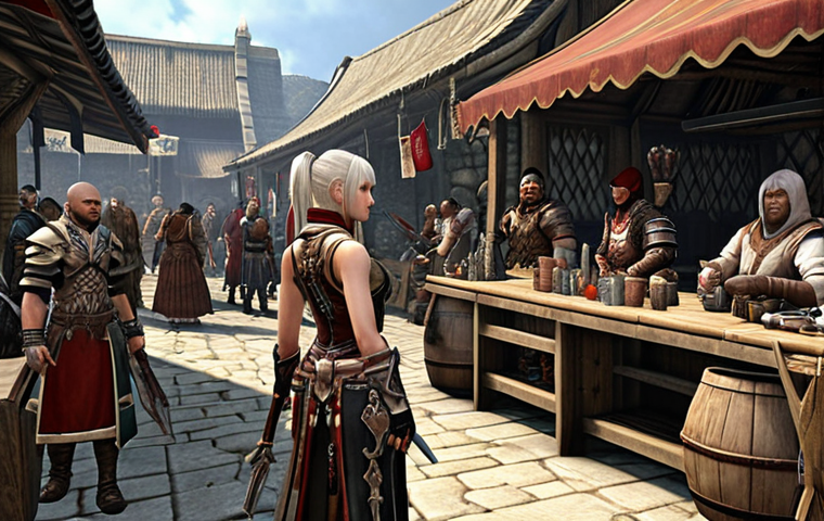 **A bustling Lineage II marketplace, packed with diverse players trading with elaborately dressed NPCs. Stalls overflowing with weapons, armor, and potions. Focus on the intricate details of the NPC's clothing and expressions, hinting at hidden knowledge and quests.**