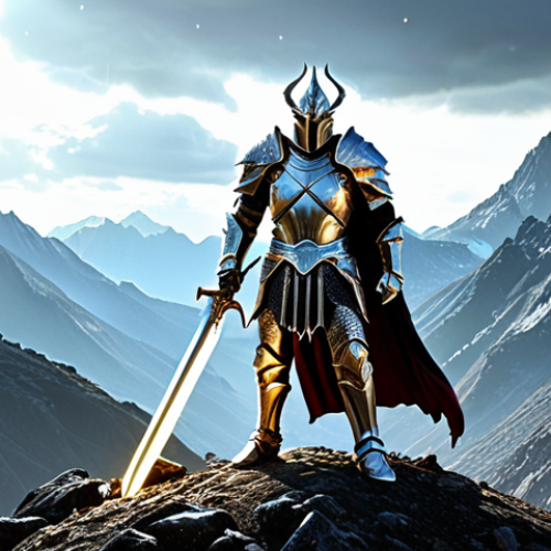 Home 18 **A Lineage character, clad in shining armor and wielding a glowing sword, standing triumphantly atop a mountain of defeated monsters, with a rare item shimmering in their hand. Epic fantasy setting, detailed armor, dynamic pose.**