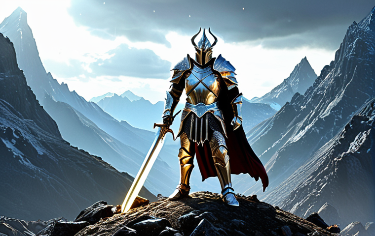 **A Lineage character, clad in shining armor and wielding a glowing sword, standing triumphantly atop a mountain of defeated monsters, with a rare item shimmering in their hand. Epic fantasy setting, detailed armor, dynamic pose.**