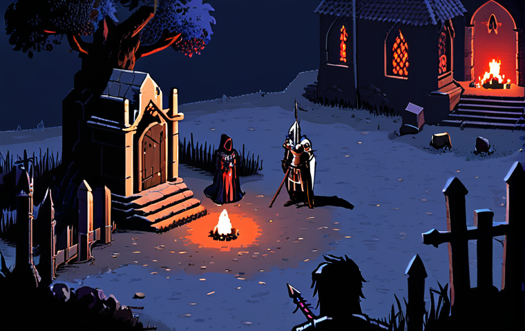 **
A nostalgic scene of players camping a spawn point in Lineage. Depict a dark, slightly pixelated graveyard at night. Several diverse characters (mages, knights, archers) are huddled around, some chatting, others looking bored. In the distance, a faint red glow hints at the imminent arrival of the Death Knight. The overall mood should be one of anticipation mixed with tedium. French speech bubbles could add authenticity ("Ça pop quand, ce boss ?").
**