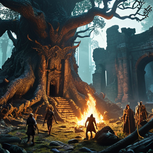 Home 8 **
A dense, ominous forest with gnarled trees and faint light filtering through. In the foreground, adventurers battle glowing, magical guardians amidst ancient ruins, with fire spells illuminating the scene. Focus on the contrast between light and shadow.
**