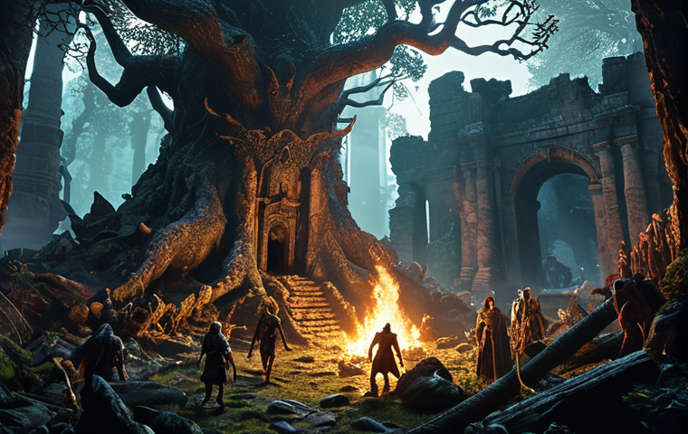 **
A dense, ominous forest with gnarled trees and faint light filtering through. In the foreground, adventurers battle glowing, magical guardians amidst ancient ruins, with fire spells illuminating the scene. Focus on the contrast between light and shadow.
**