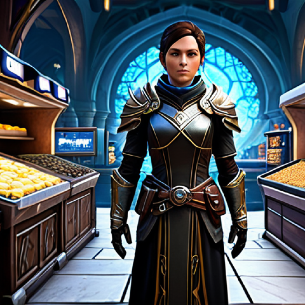 A professional MMORPG player character, gender-neutral, in a modest yet intricate fantasy-style armored outfit, stands in a bustling virtual marketplace. The character gazes thoughtfully at a glowing holographic shop interface displaying various in-game "packs" and "offers." The interface shows a variety of items like glowing scrolls, rare crafting materials, and powerful looking gear, with virtual currency icons nearby. The background features other player avatars and market stalls, all fully clothed and engaged in commerce. The scene emphasizes strategic decision-making and value analysis. Perfect anatomy, correct proportions, natural pose, well-formed hands, proper finger count, natural body proportions, safe for work, appropriate content, fully clothed, professional, high quality, detailed, realistic fantasy art style.