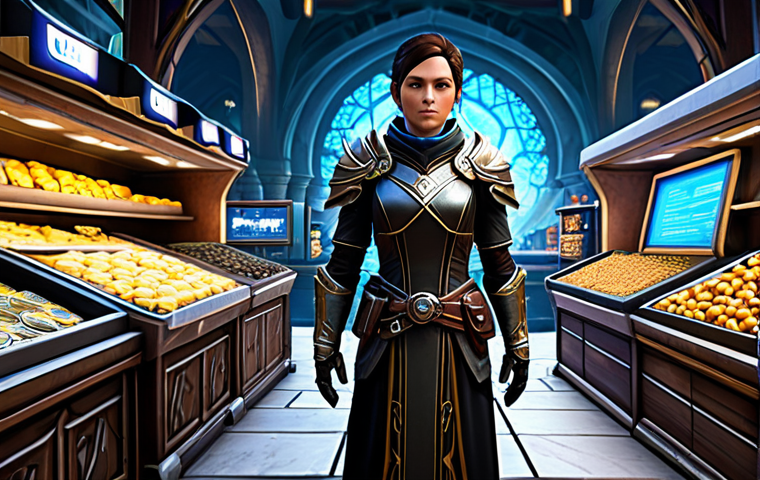A professional MMORPG player character, gender-neutral, in a modest yet intricate fantasy-style armored outfit, stands in a bustling virtual marketplace. The character gazes thoughtfully at a glowing holographic shop interface displaying various in-game "packs" and "offers." The interface shows a variety of items like glowing scrolls, rare crafting materials, and powerful looking gear, with virtual currency icons nearby. The background features other player avatars and market stalls, all fully clothed and engaged in commerce. The scene emphasizes strategic decision-making and value analysis. Perfect anatomy, correct proportions, natural pose, well-formed hands, proper finger count, natural body proportions, safe for work, appropriate content, fully clothed, professional, high quality, detailed, realistic fantasy art style.