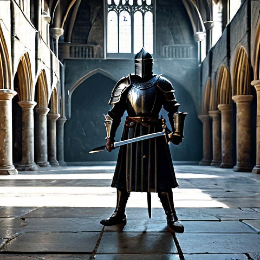 A powerful fantasy character, embodying a 'Death Knight' archetype, stands in a grand, ornate training hall within a medieval castle. The character wears imposing, dark, and robust full plate armor, designed for both defense and agile combat, fully clothed with no exposed skin, appropriate attire. They hold a large, two-handed sword resting on the ground, projecting a sense of balanced power and strategic readiness, a natural pose. The background features polished stone and subtle, glowing runes, reflecting a professional and ancient atmosphere. Professional photography, cinematic lighting, high quality, perfect anatomy, correct proportions, well-formed hands, proper finger count, natural body proportions. Safe for work, appropriate content, fully clothed, professional, modest, family-friendly.
