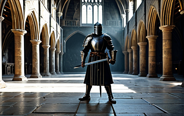 A powerful fantasy character, embodying a 'Death Knight' archetype, stands in a grand, ornate training hall within a medieval castle. The character wears imposing, dark, and robust full plate armor, designed for both defense and agile combat, fully clothed with no exposed skin, appropriate attire. They hold a large, two-handed sword resting on the ground, projecting a sense of balanced power and strategic readiness, a natural pose. The background features polished stone and subtle, glowing runes, reflecting a professional and ancient atmosphere. Professional photography, cinematic lighting, high quality, perfect anatomy, correct proportions, well-formed hands, proper finger count, natural body proportions. Safe for work, appropriate content, fully clothed, professional, modest, family-friendly.