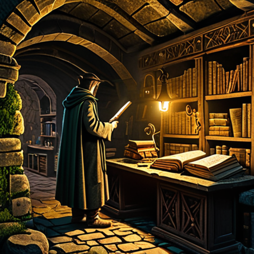 Dungeon Exploration**

"An adventurer, fully clothed in practical fantasy attire, exploring a dimly lit dungeon. Torches illuminate ancient stone walls covered in moss and strange symbols. He is carefully examining a dusty bookshelf, searching for a hidden grimoire. Safe for work, appropriate content, perfect anatomy, natural proportions, professional illustration, family-friendly."

**