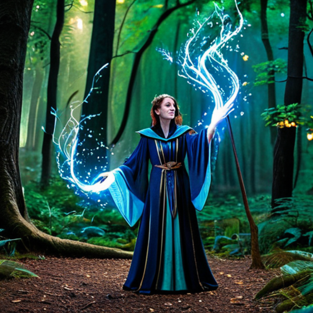 **
A female illusionist, fully clothed in ornate, modest robes suitable for a powerful mage, stands in a vibrant, enchanted forest. She is casting a spell, with swirling magical effects around her. The forest background includes glowing plants and ancient trees. Perfect anatomy, correct proportions, natural pose, well-formed hands, proper finger count. Safe for work, appropriate content, professional, family-friendly.
**