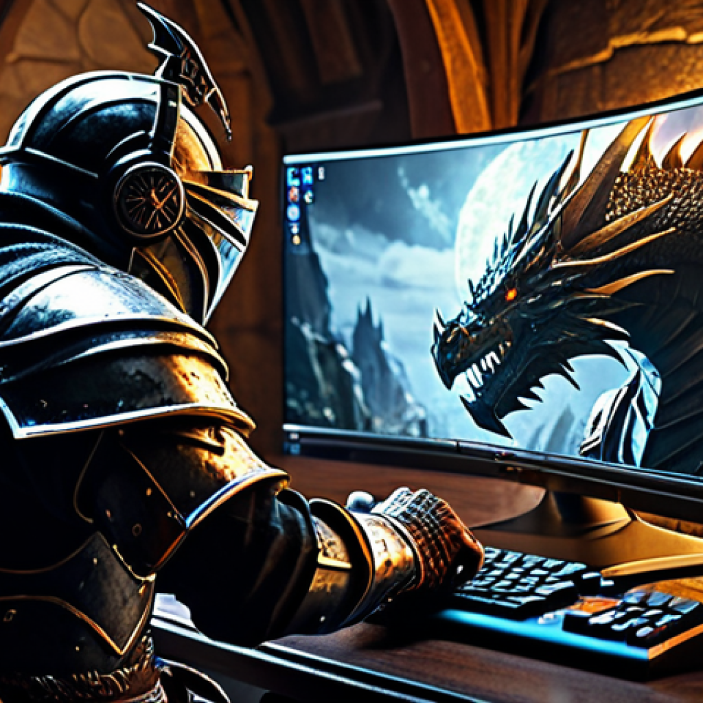 PC Gaming Immersion**
Prompt: "A close-up of a PC gamer deeply engrossed in a fantasy MMORPG, specifically *Lineage*-esque. The screen displays highly detailed graphics of a medieval knight in shining armor battling a dragon. The gamer is wearing a gaming headset. Dimly lit room, focused on the monitor. High-end gaming PC setup. Hyperrealistic, cinematic lighting, dramatic atmosphere, fantasy art, *Lineage* inspired, safe for work, appropriate content, fully clothed, professional, perfect anatomy, natural proportions."
**