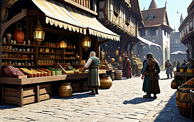 리니지 초보자를 위한 경제 전략 - Thriving Marketplace**

"A bustling marketplace scene in a Lineage-inspired fantasy city, filled wit...