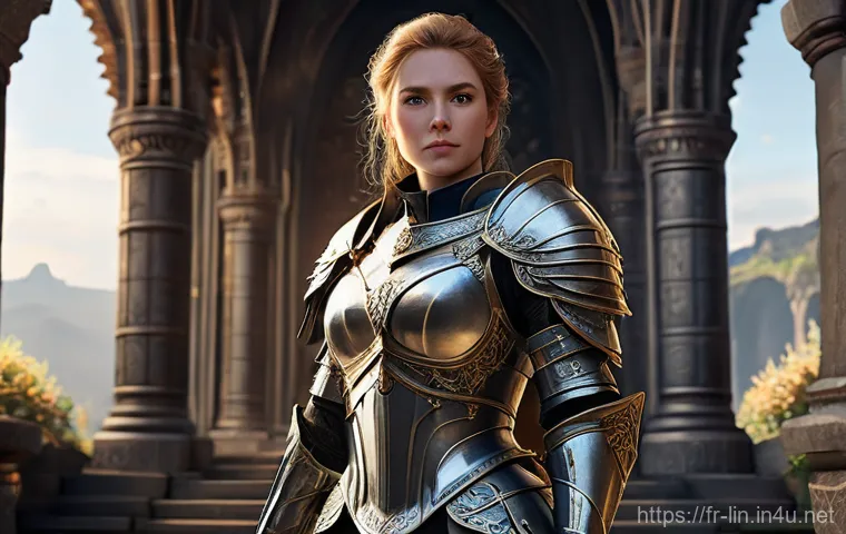 리니지 희귀 장비 가치 평가 - **A female warrior admiring her legendary weapon:** A highly detailed, realistic fantasy art illustr...