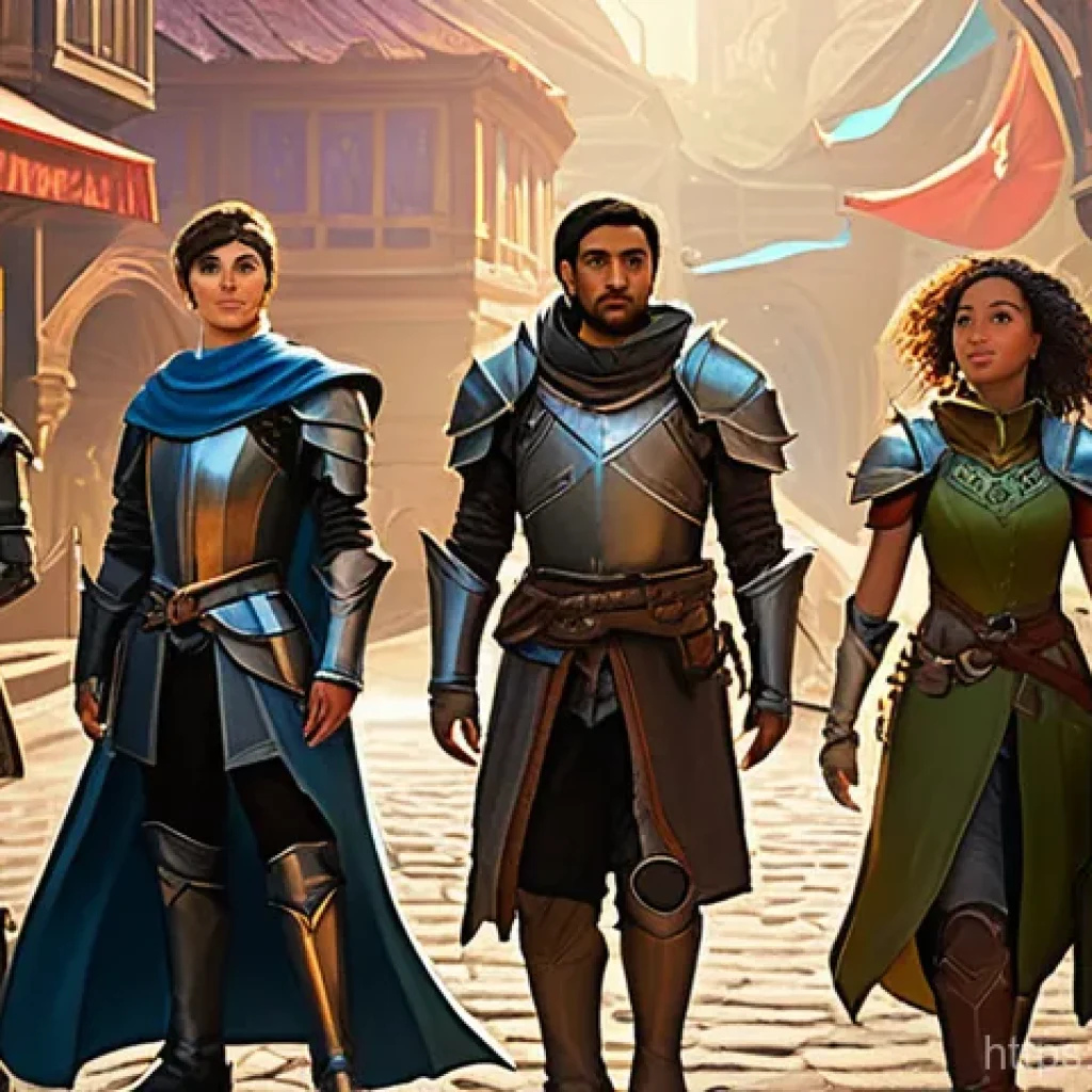 리니지 초보자를 위한 로드맵 - **Prompt:** A diverse group of young adventurers, depicted as male and female characters, standing i...