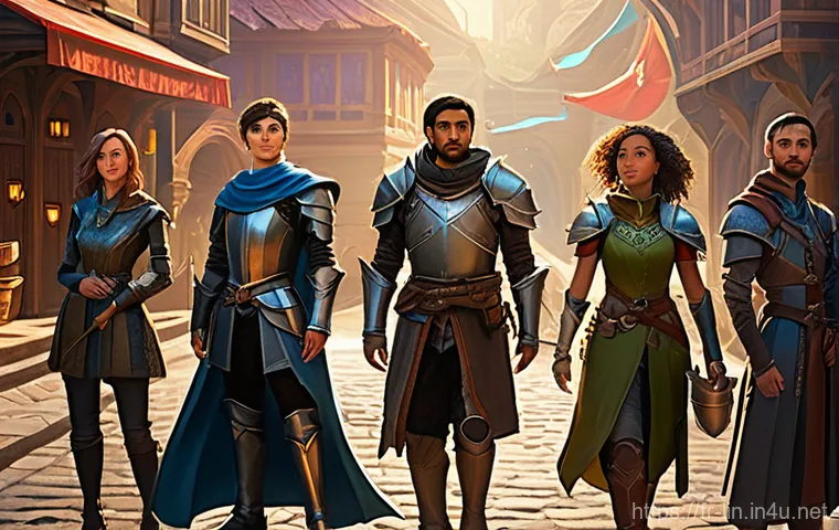 리니지 초보자를 위한 로드맵 - **Prompt:** A diverse group of young adventurers, depicted as male and female characters, standing i...