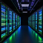 리니지 리마스터 서버 구조 - **Prompt:** A sprawling, high-tech data center bathed in cool, ambient blue and green LED lighting. ...