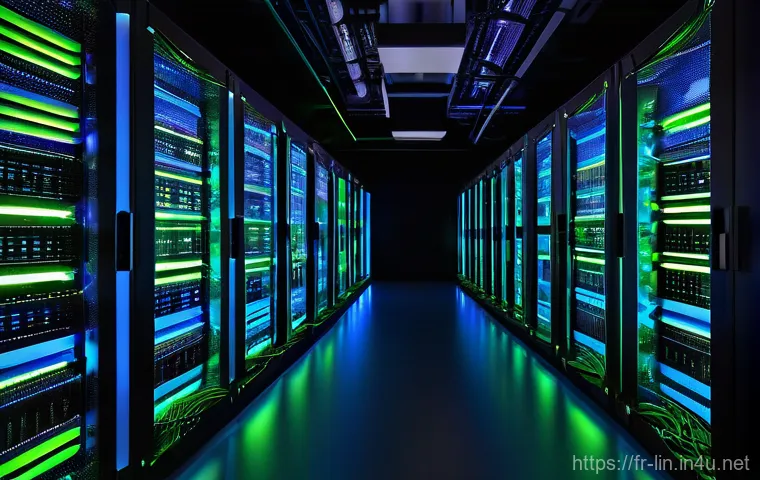 리니지 리마스터 서버 구조 - **Prompt:** A sprawling, high-tech data center bathed in cool, ambient blue and green LED lighting. ...