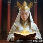 리니지 전설급 스킬북 설명 - **Prompt:** "A powerful female Cardinal character from Lineage 2, adorned in intricate, flowing gold...